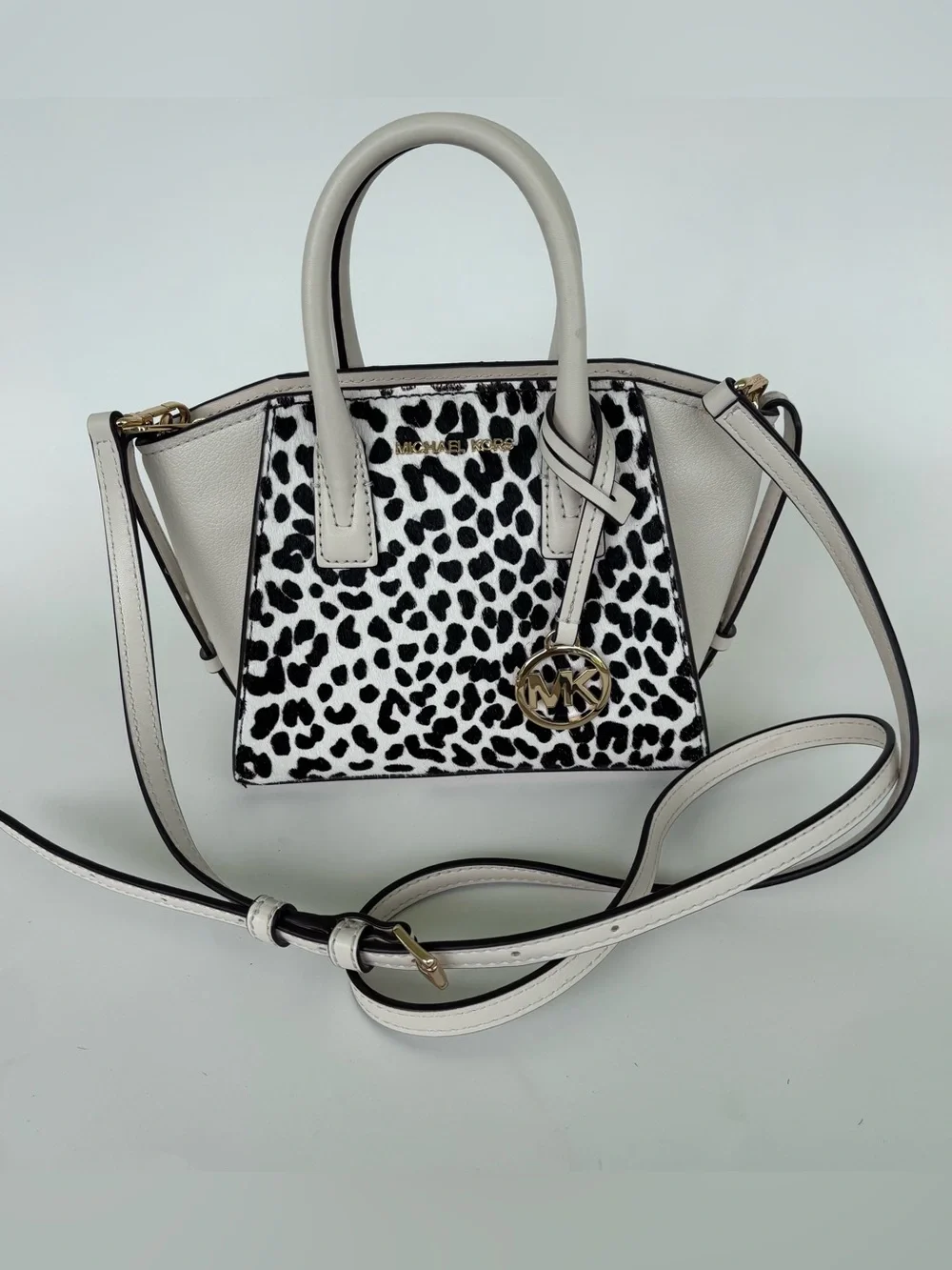 Michael Kors Marilyn Small Satchel Crossbody Leopard Calf Hair Vanilla Leather